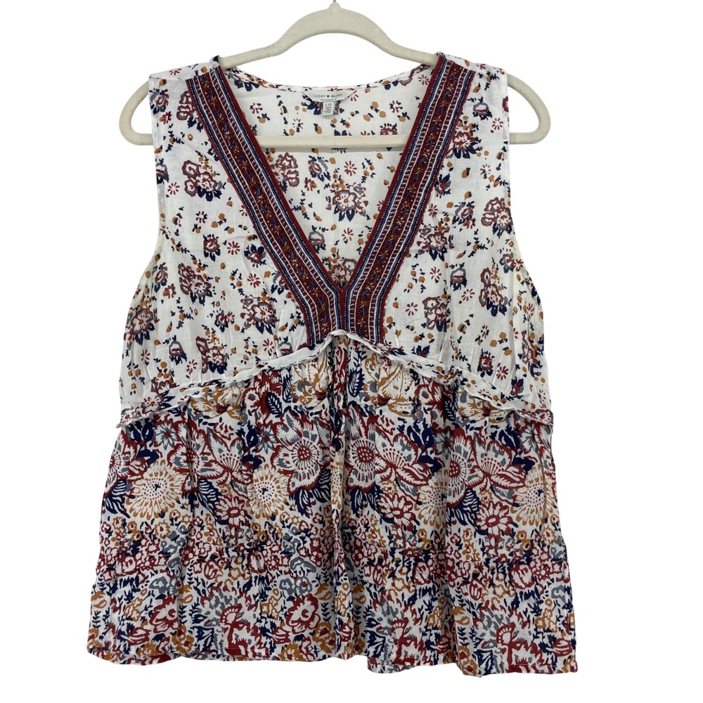 Lucky Brand Size Large Sleeveless Top Floral Boho Flowy Babydoll V-Neck Womens